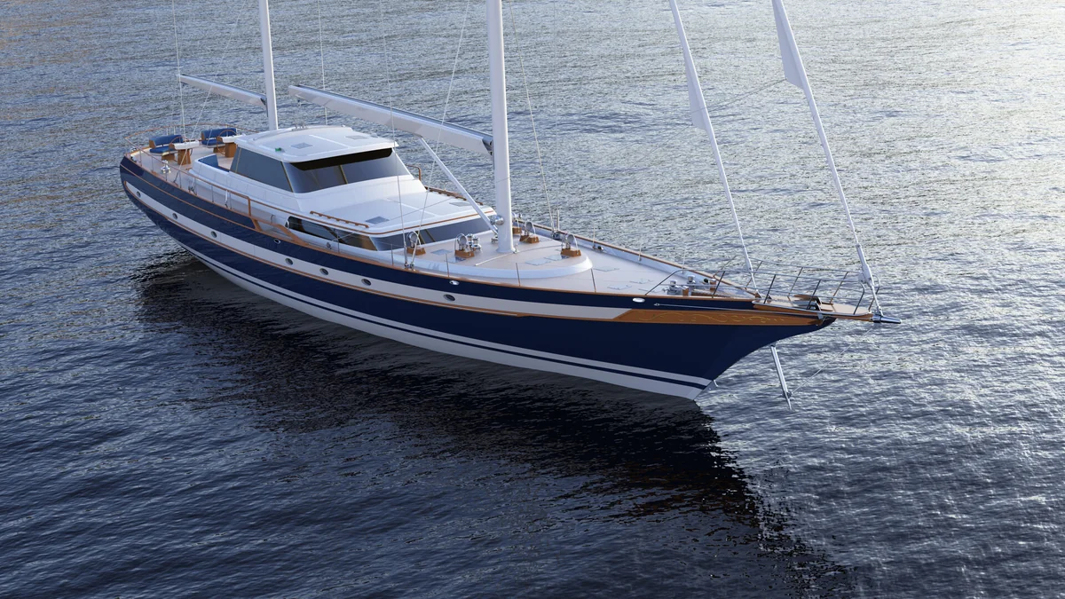 Photoreal CGI rendering of the Blue Pearl sailing yacht seen from above on rippled open water.