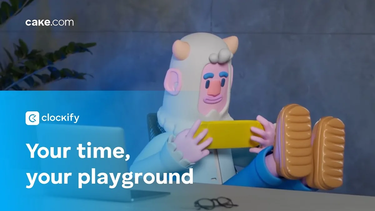 Clockify campaign thumbnail showing a stylized 3D yeti reclining with a yellow phone in a blue-toned room.